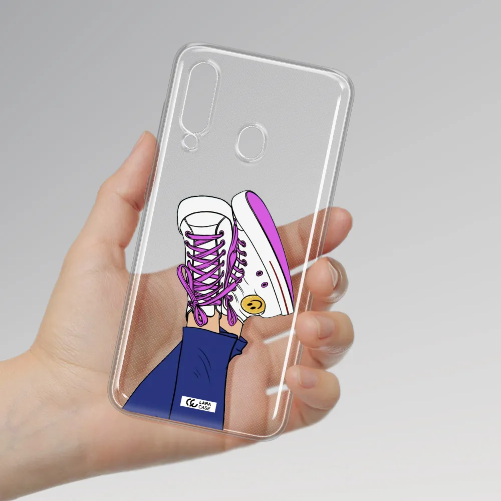 a cartoon of a person's feet with purple shoes Samsung A60 Clear TPU Case