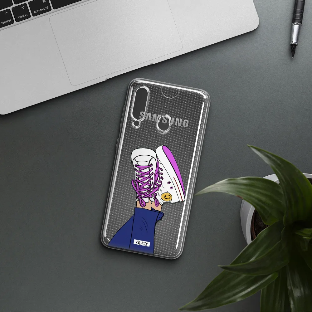 a cartoon of a person's feet with purple shoes Samsung A60 Clear TPU Case