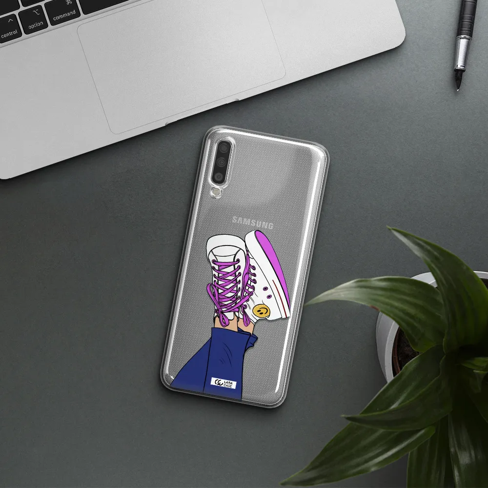 a cartoon of a person's feet with purple shoes Samsung A70 Clear TPU Case