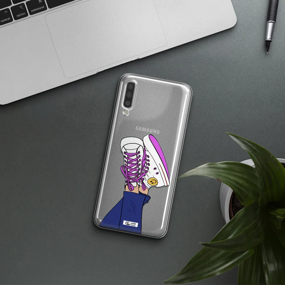 A Cartoon Of A Person's Feet With Purple Shoes Samsung A70S Clear Tpu Case