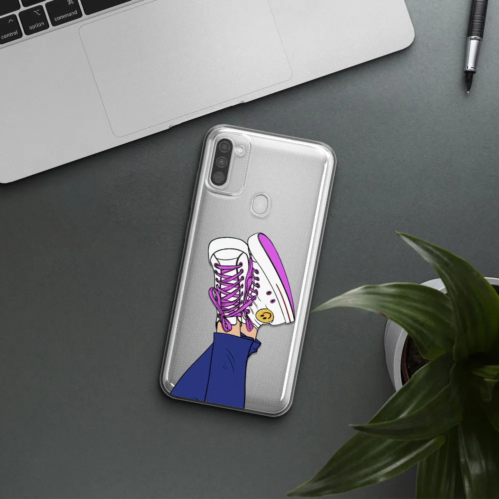 a cartoon of a person's feet with purple shoes Samsung M11 Clear TPU Case