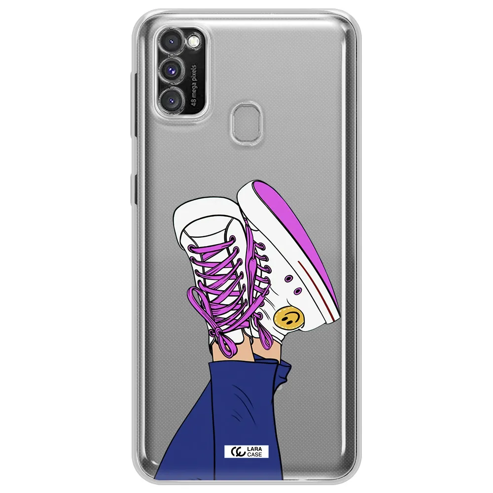 a cartoon of a person's feet with purple shoes Samsung M30S Clear TPU Case