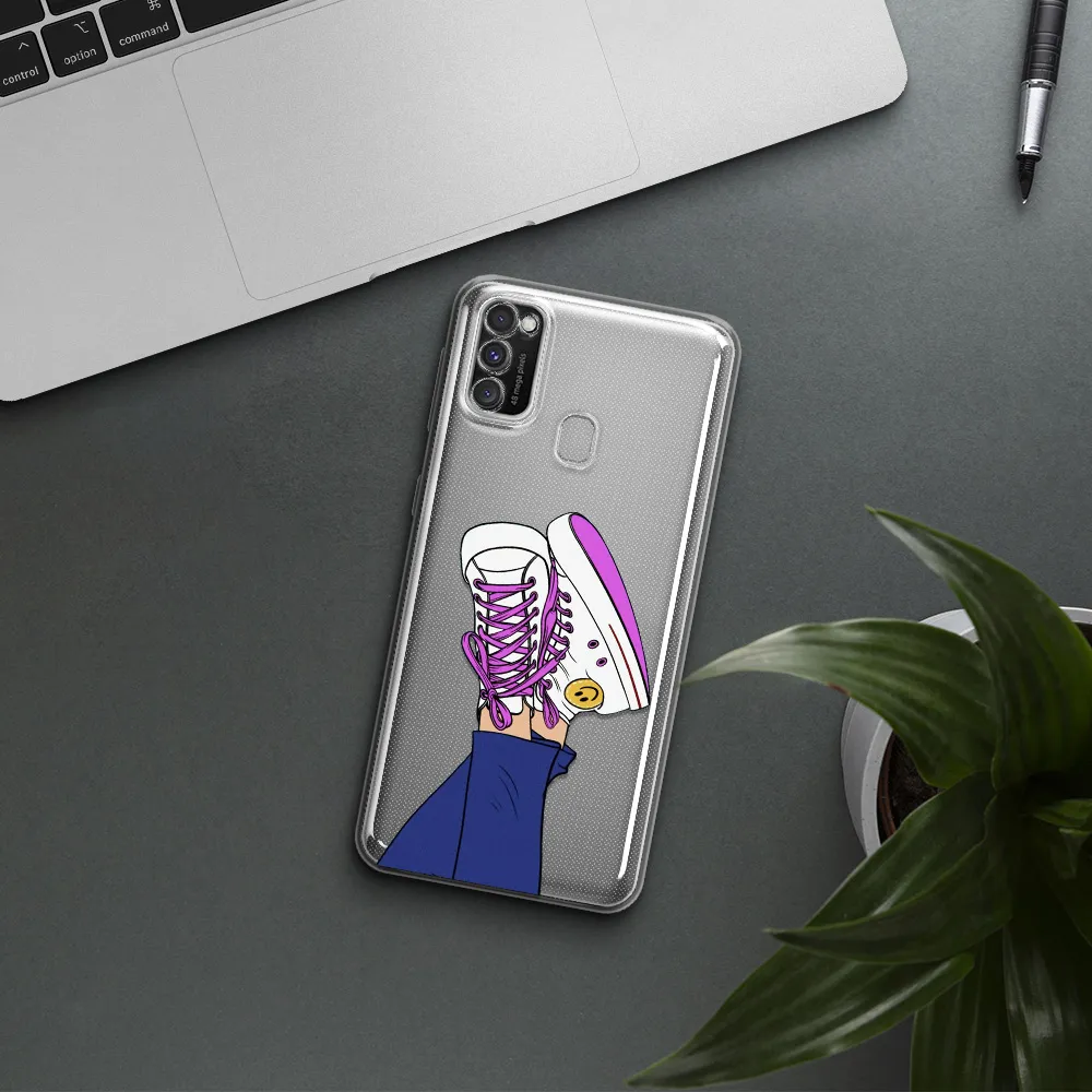 a cartoon of a person's feet with purple shoes Samsung M30S Clear TPU Case
