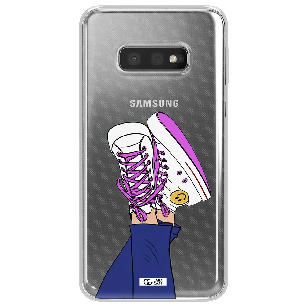 a cartoon of a person's feet with purple shoes Samsung S10e Clear TPU Case