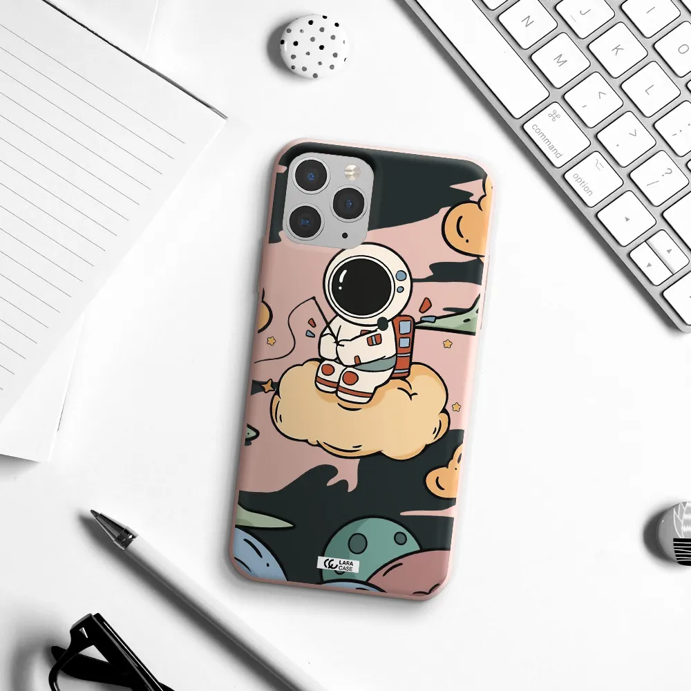 a cartoon astronaut sitting on a cloud Apple iPhone 11 pro max Silicone pastel pink Case