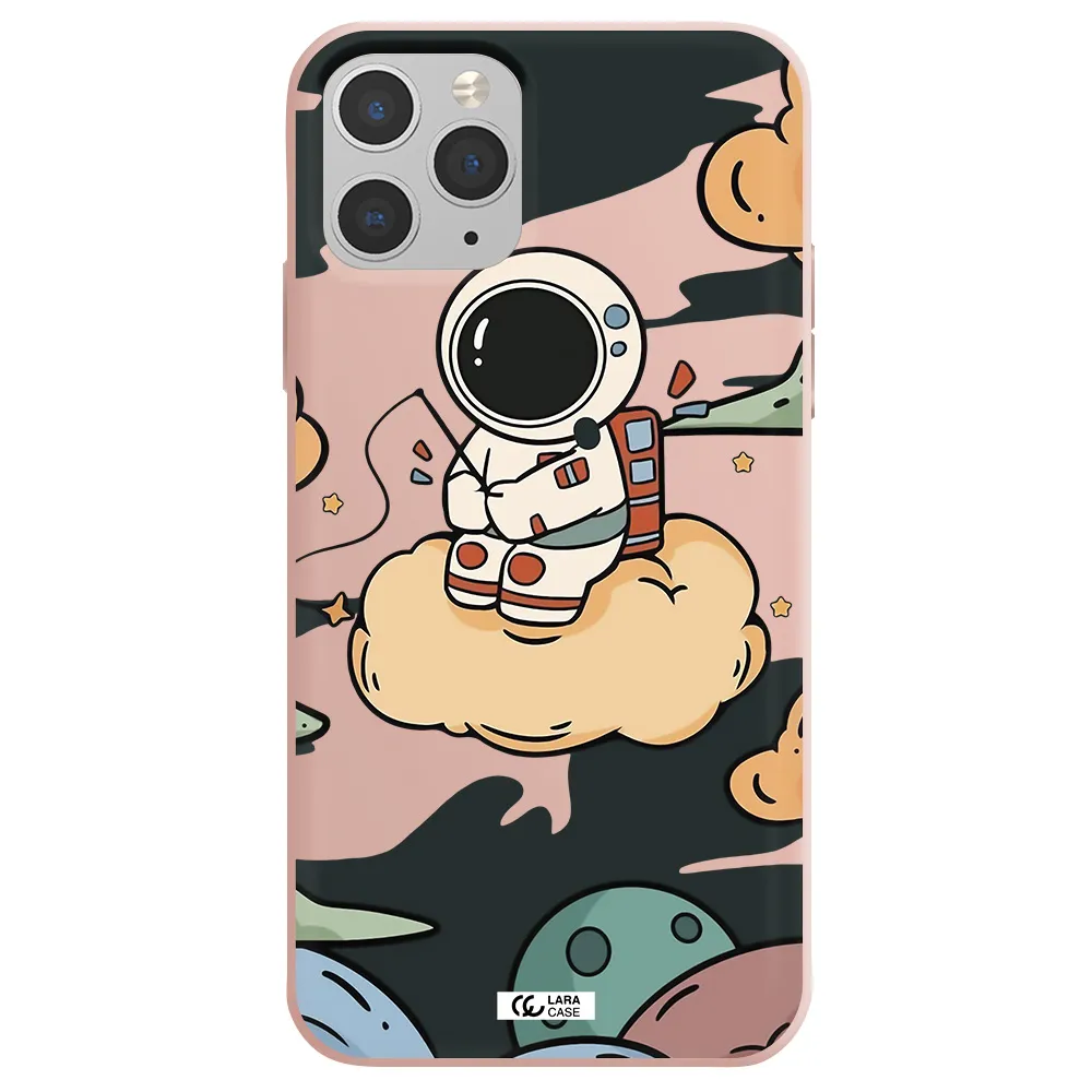a cartoon astronaut sitting on a cloud Apple iPhone 11 pro Silicone pastel pink Case
