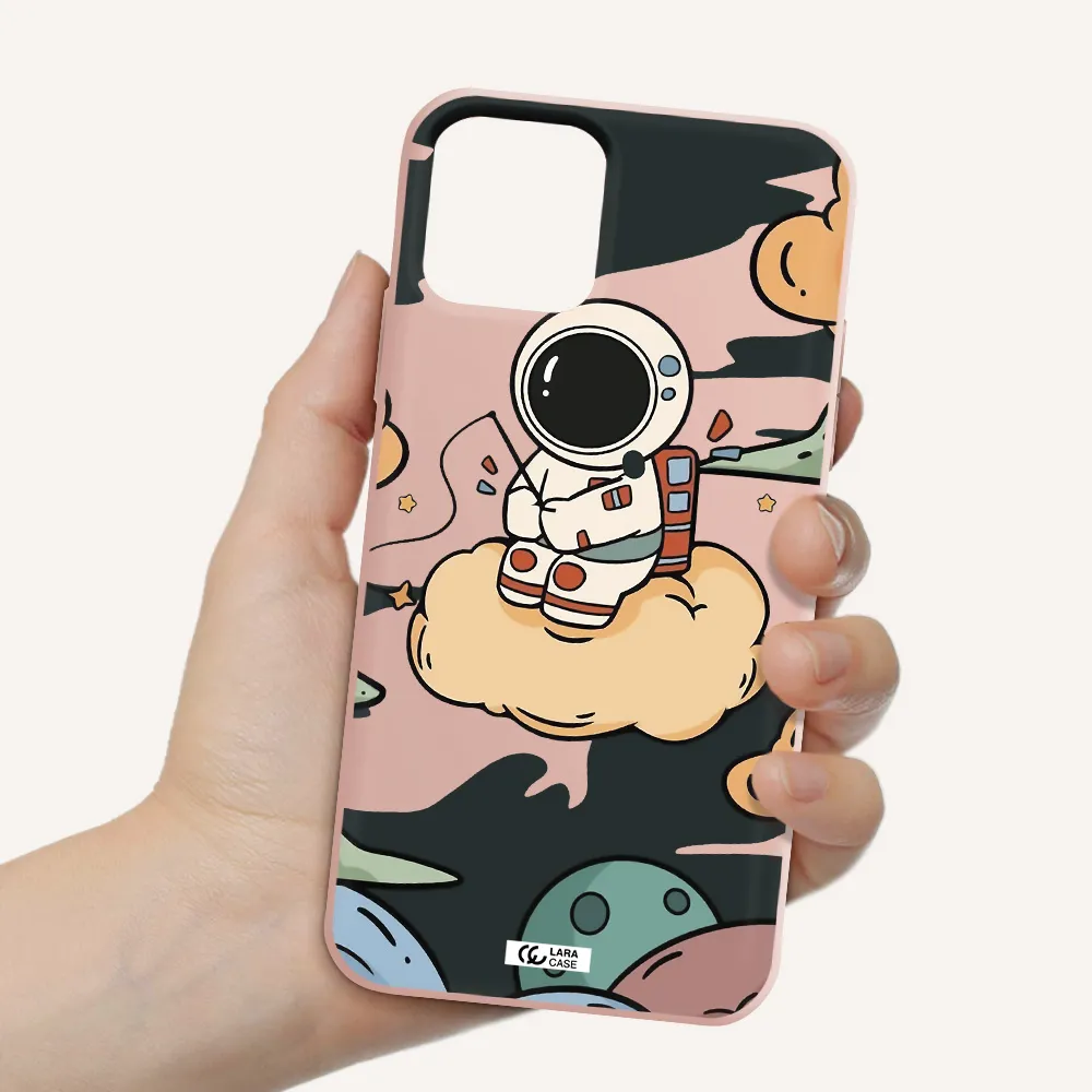 a cartoon astronaut sitting on a cloud Apple iPhone 11 pro Silicone pastel pink Case