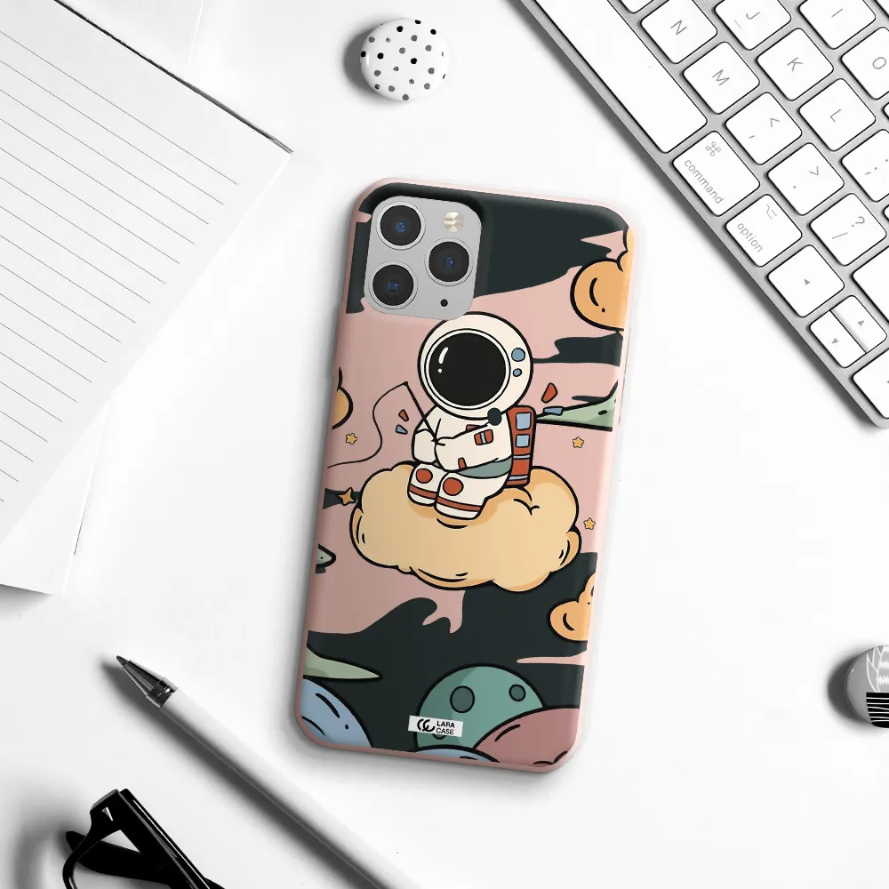 a cartoon astronaut sitting on a cloud Apple iPhone 11 pro Silicone pastel pink Case
