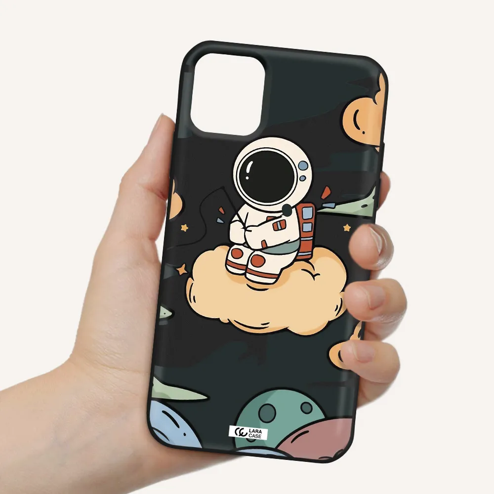 a cartoon astronaut sitting on a cloud Apple iPhone 11 Silicone black Case