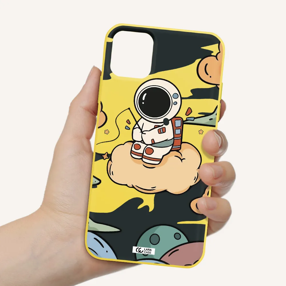 a cartoon astronaut sitting on a cloud Apple iPhone 11 Silicone canary yellow Case