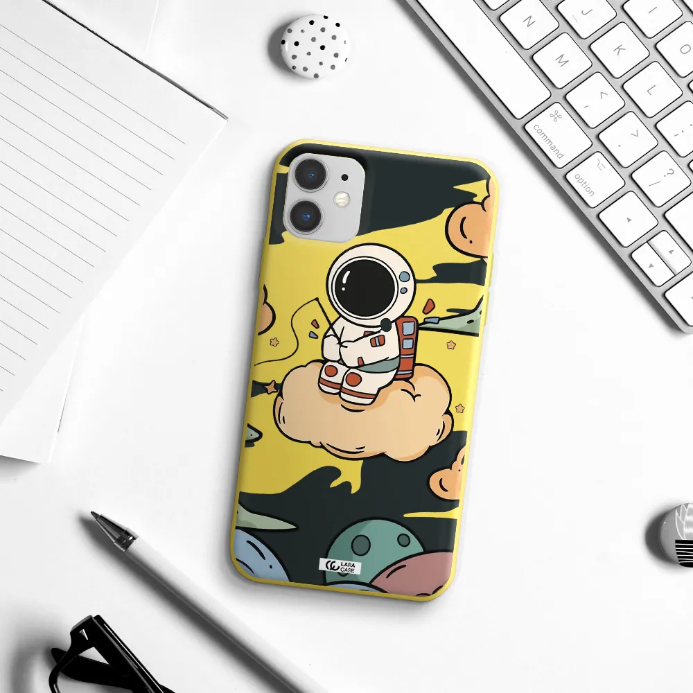 a cartoon astronaut sitting on a cloud Apple iPhone 11 Silicone canary yellow Case