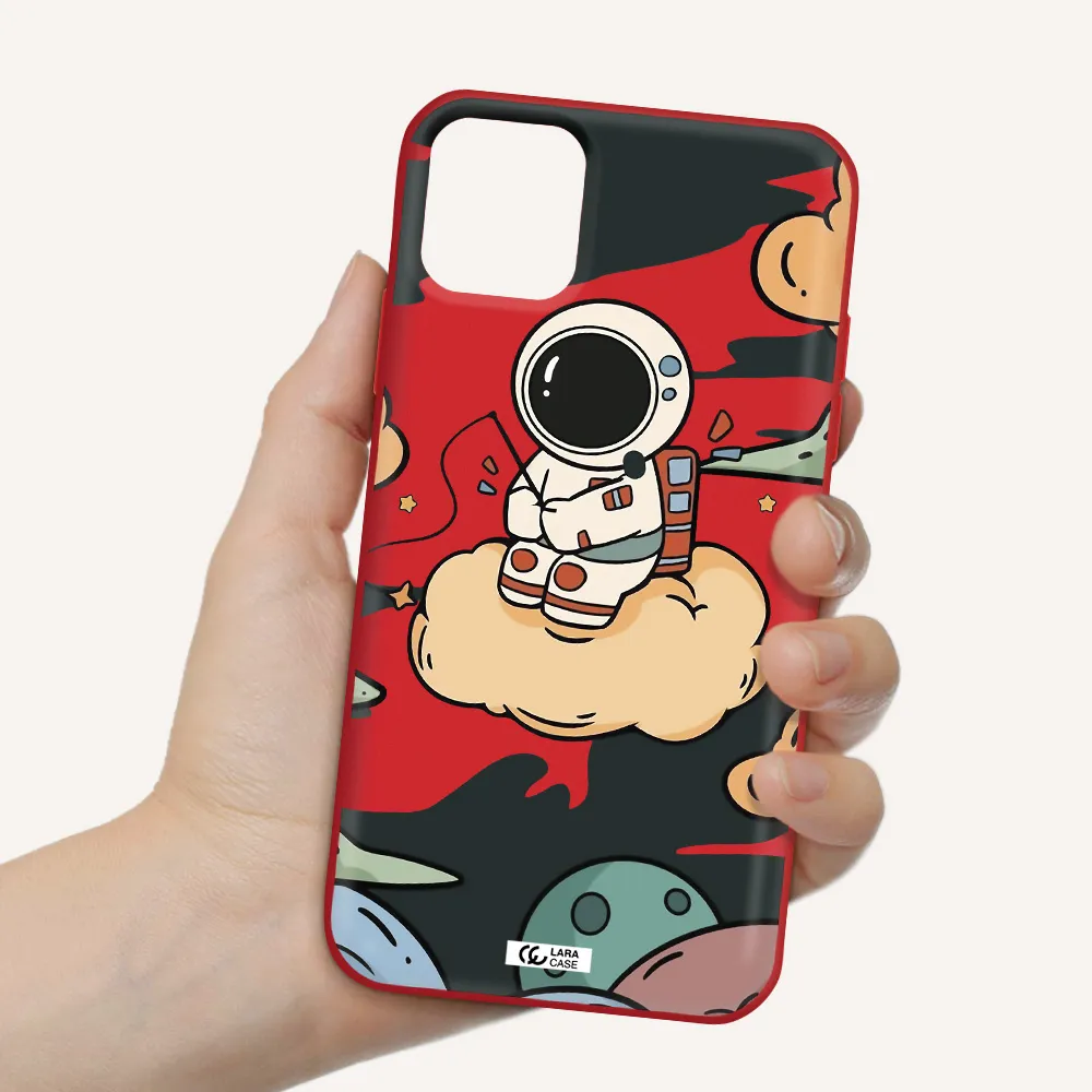 a cartoon astronaut sitting on a cloud Apple iPhone 11 Silicone Imperial Red Case