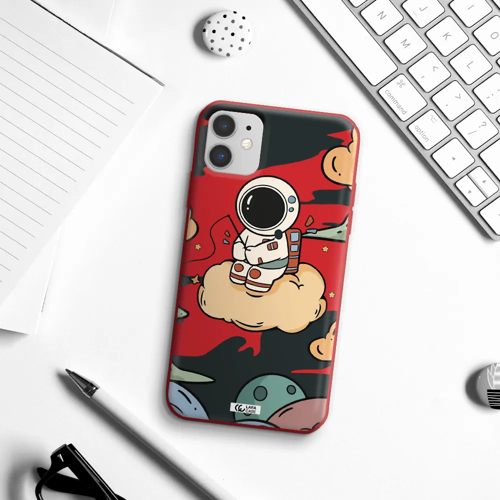 a cartoon astronaut sitting on a cloud Apple iPhone 11 Silicone Imperial Red Case