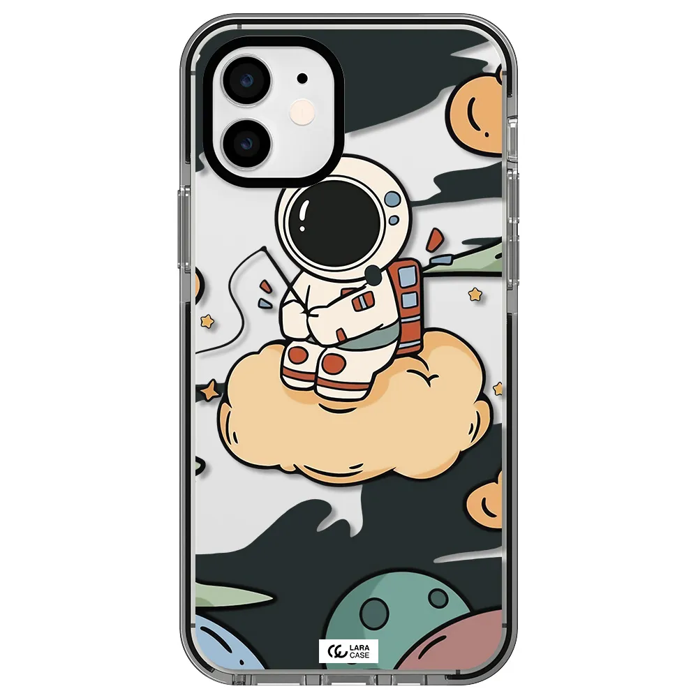 a cartoon astronaut sitting on a cloud Apple iPhone 12 impact black border Case