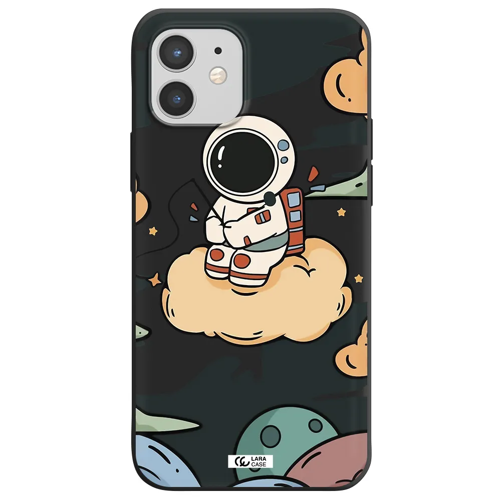 a cartoon astronaut sitting on a cloud Apple iPhone 12 mini Silicone black Case