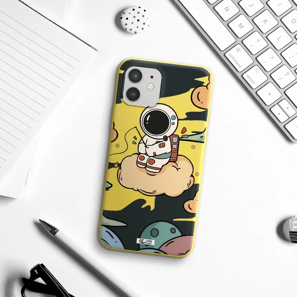 a cartoon astronaut sitting on a cloud Apple iPhone 12 mini Silicone canary yellow Case