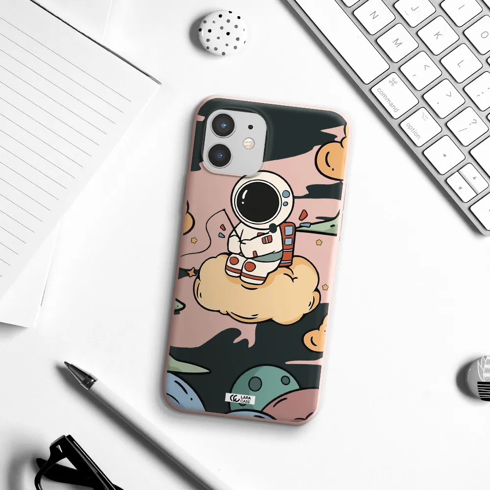a cartoon astronaut sitting on a cloud Apple iPhone 12 mini Silicone pastel pink Case