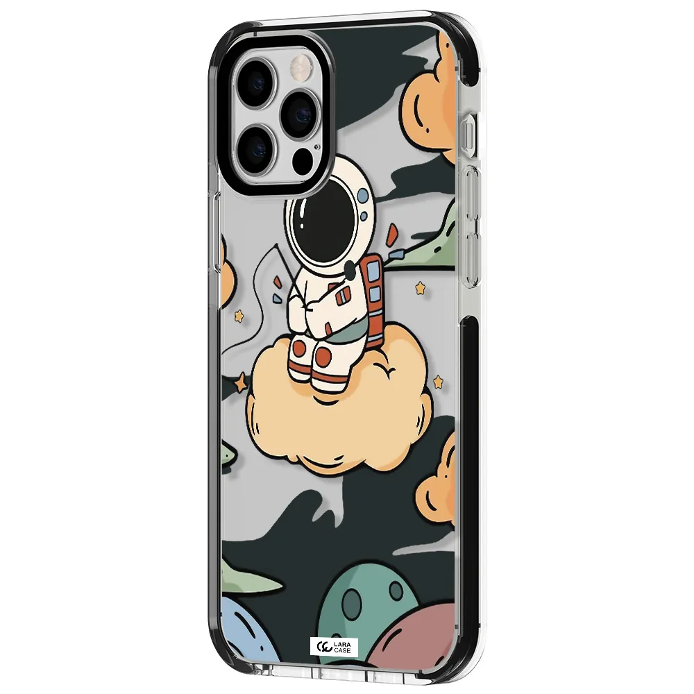 a cartoon astronaut sitting on a cloud Apple iPhone 12 pro impact black border Case