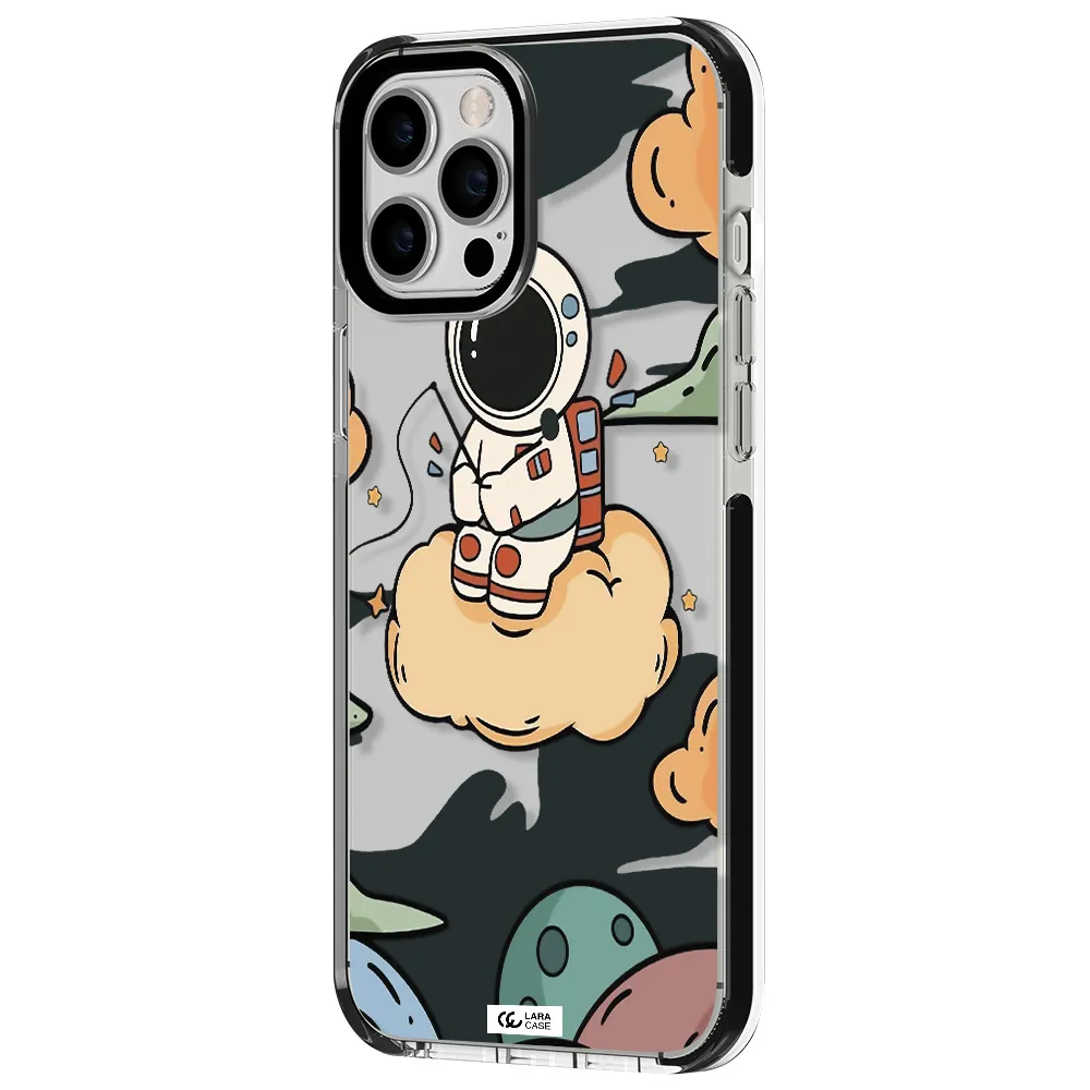 a cartoon astronaut sitting on a cloud Apple iPhone 12 pro max impact black border Case