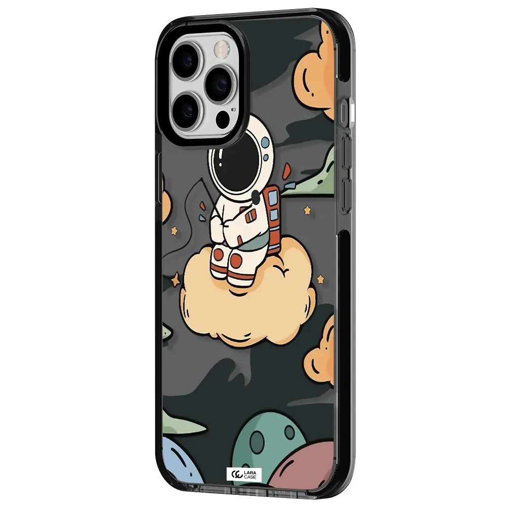 a cartoon astronaut sitting on a cloud Apple iPhone 12 pro max impact Smoke Black Case