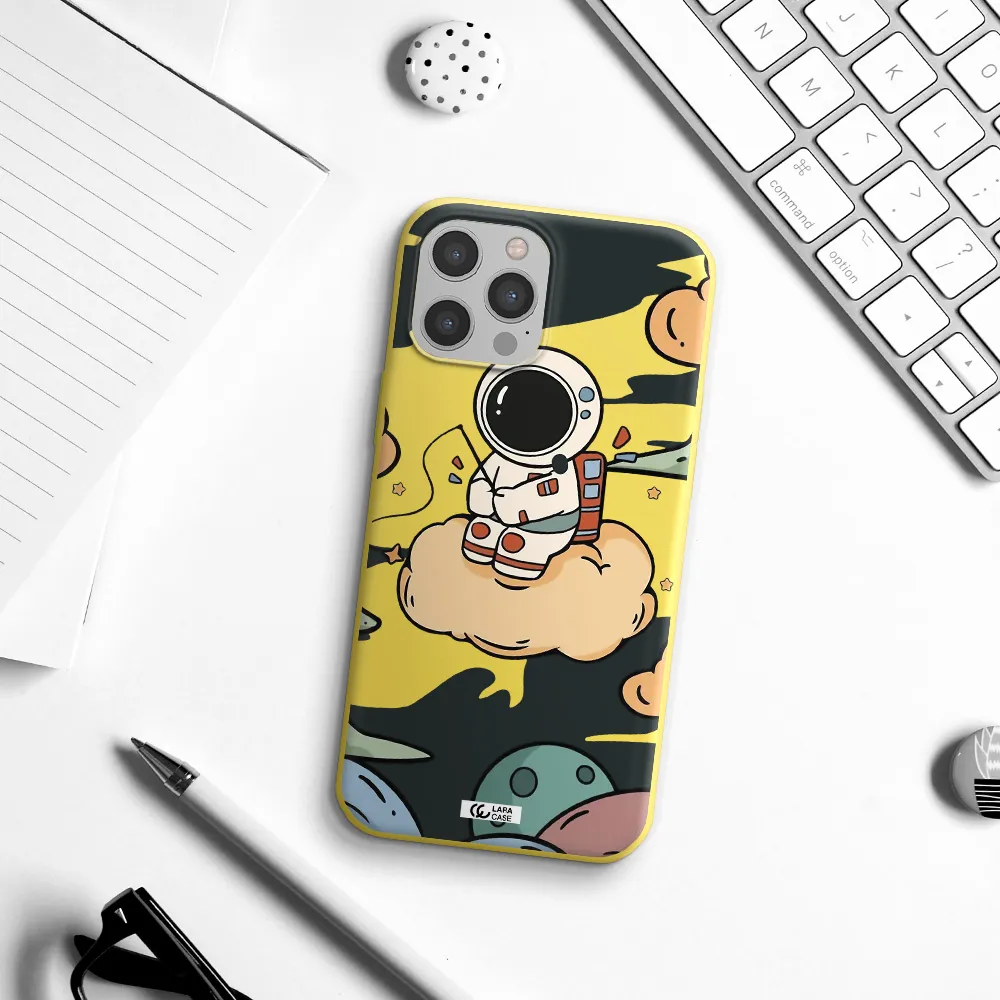 a cartoon astronaut sitting on a cloud Apple iPhone 12 pro max Silicone canary yellow Case
