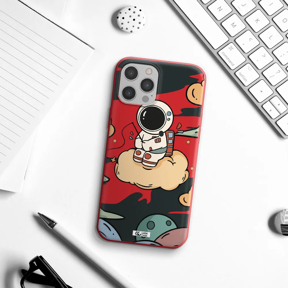 a cartoon astronaut sitting on a cloud Apple iPhone 12 pro max Silicone Imperial Red Case
