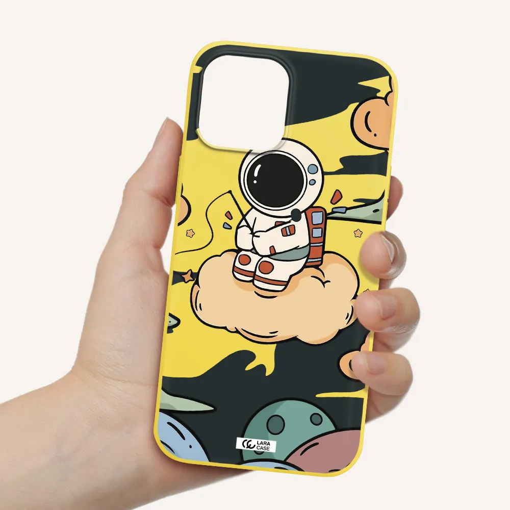 a cartoon astronaut sitting on a cloud Apple iPhone 12 pro Silicone canary yellow Case