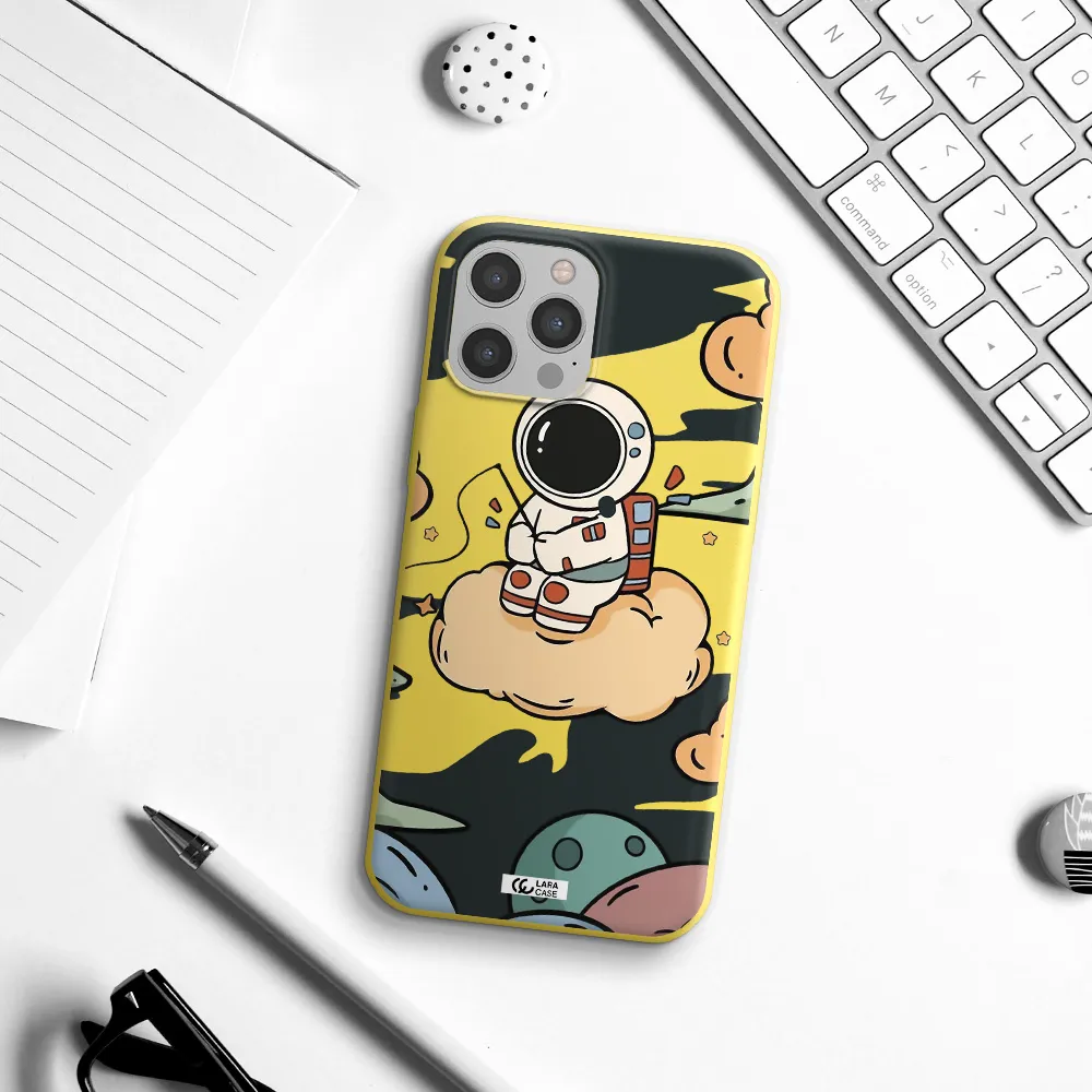 a cartoon astronaut sitting on a cloud Apple iPhone 12 pro Silicone canary yellow Case