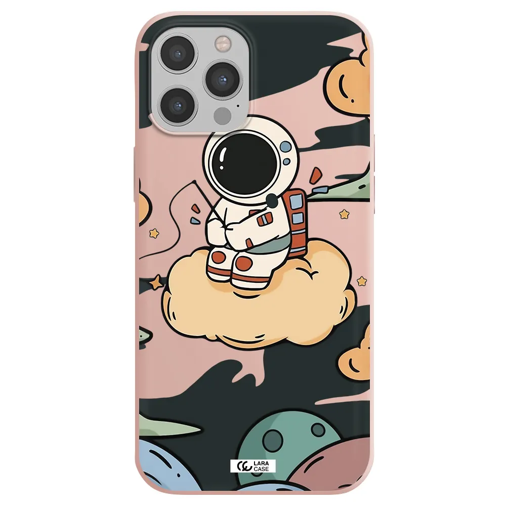 a cartoon astronaut sitting on a cloud Apple iPhone 12 pro Silicone pastel pink Case