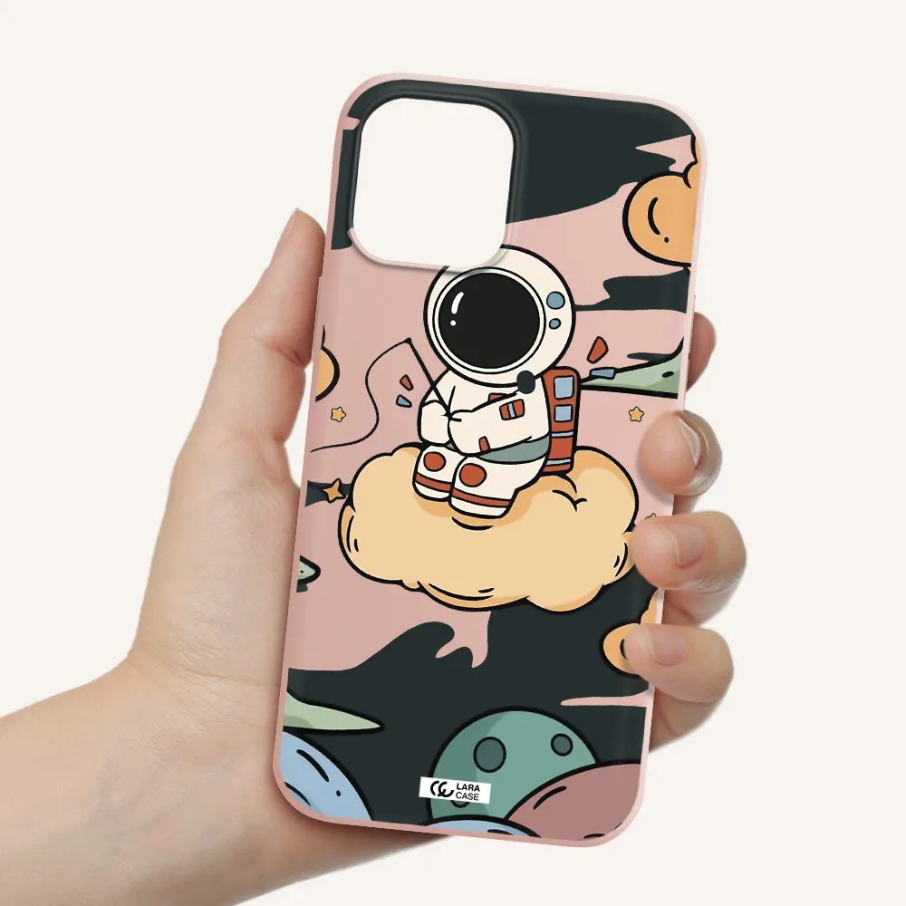 a cartoon astronaut sitting on a cloud Apple iPhone 12 pro Silicone pastel pink Case