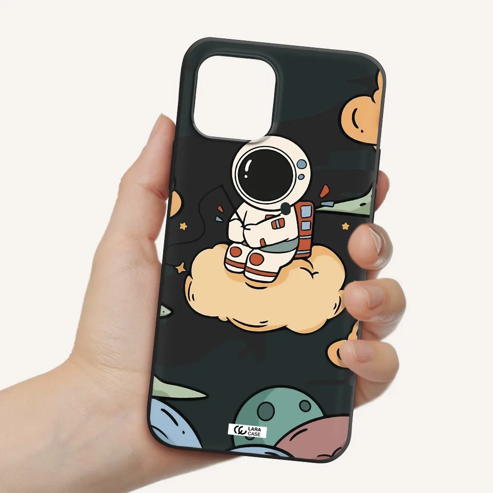 a cartoon astronaut sitting on a cloud Apple iPhone 12 Silicone black Case