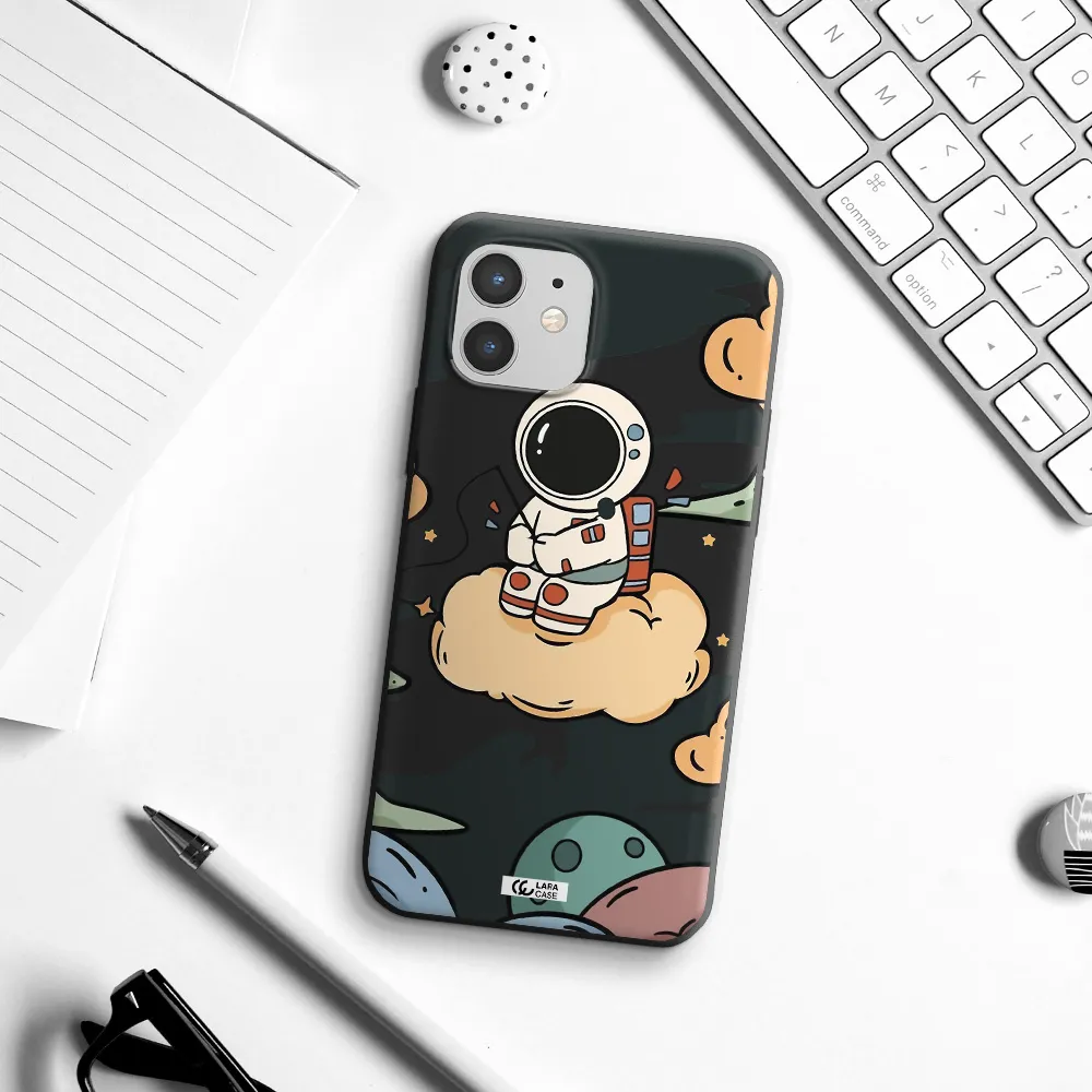 a cartoon astronaut sitting on a cloud Apple iPhone 12 Silicone black Case