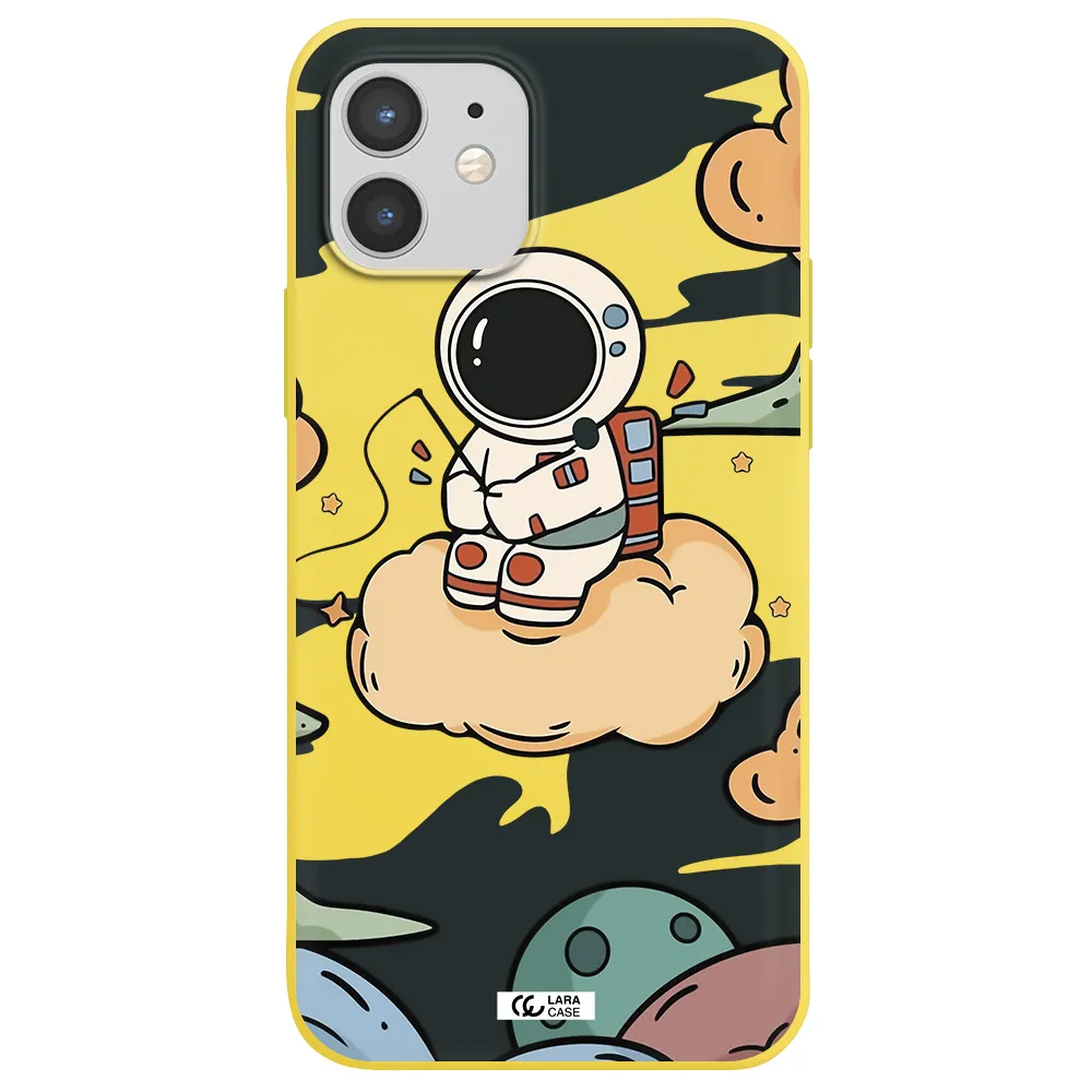 a cartoon astronaut sitting on a cloud Apple iPhone 12 Silicone canary yellow Case