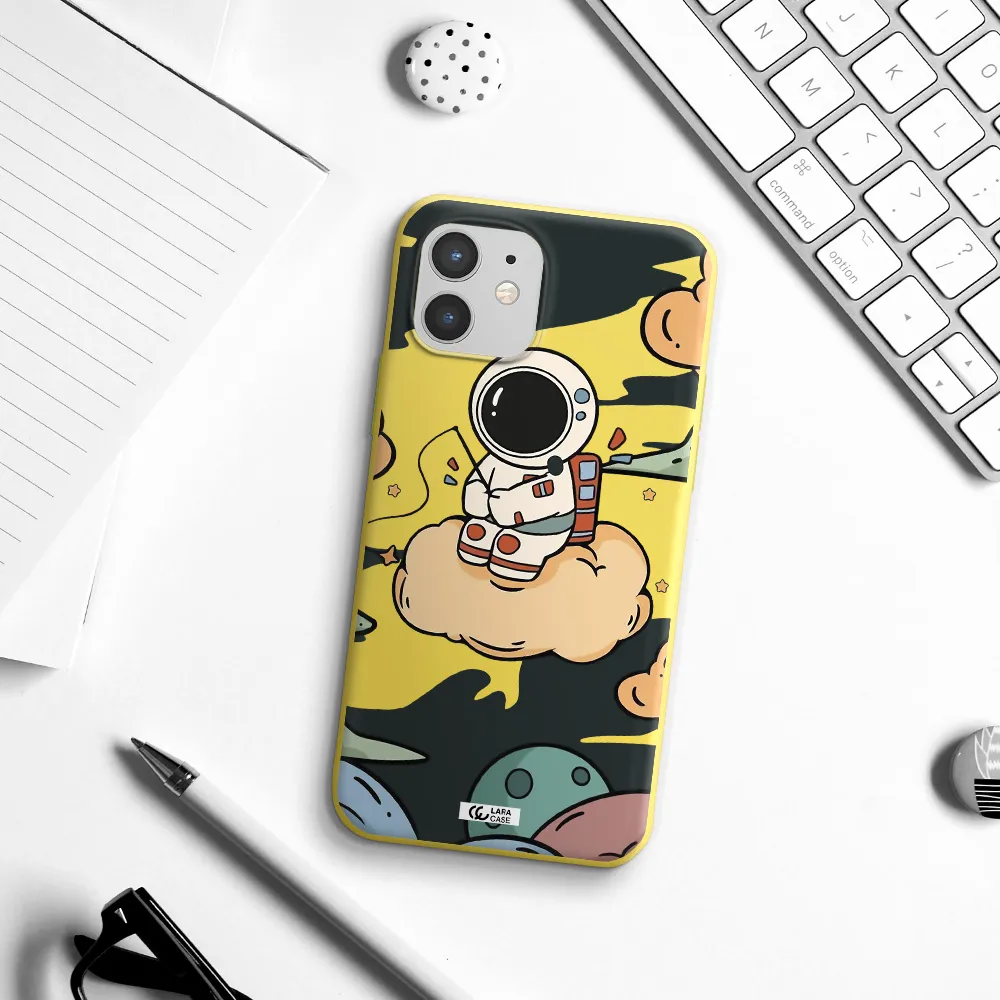 a cartoon astronaut sitting on a cloud Apple iPhone 12 Silicone canary yellow Case