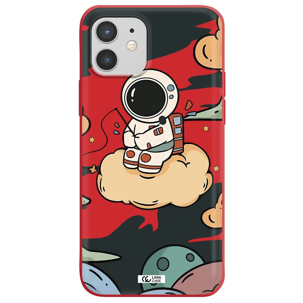 a cartoon astronaut sitting on a cloud Apple iPhone 12 Silicone Imperial Red Case