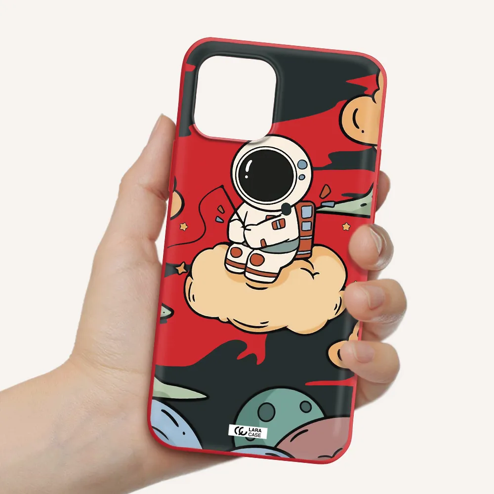 a cartoon astronaut sitting on a cloud Apple iPhone 12 Silicone Imperial Red Case