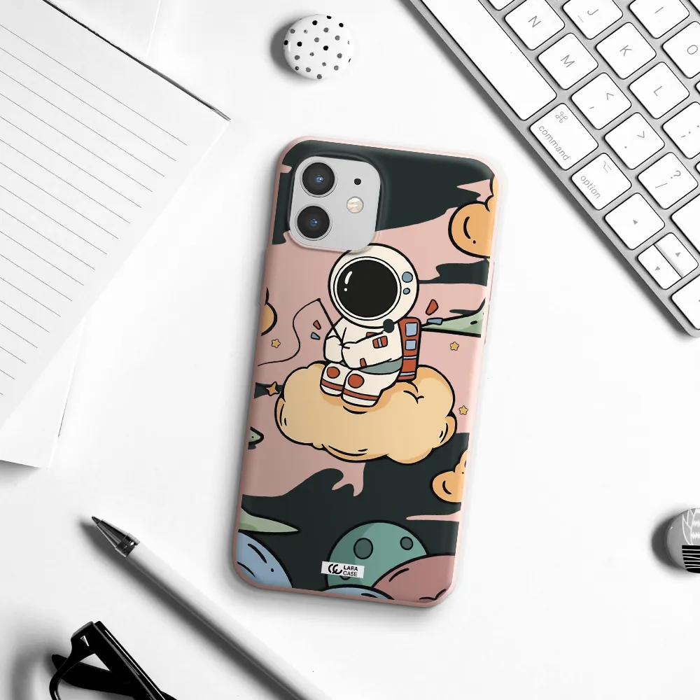 a cartoon astronaut sitting on a cloud Apple iPhone 12 Silicone pastel pink Case