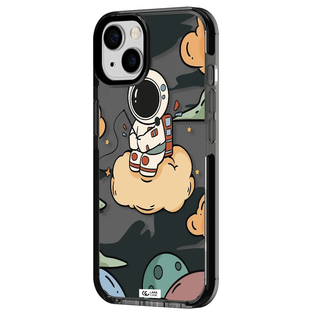 a cartoon astronaut sitting on a cloud Apple iPhone 13 impact Smoke Black Case