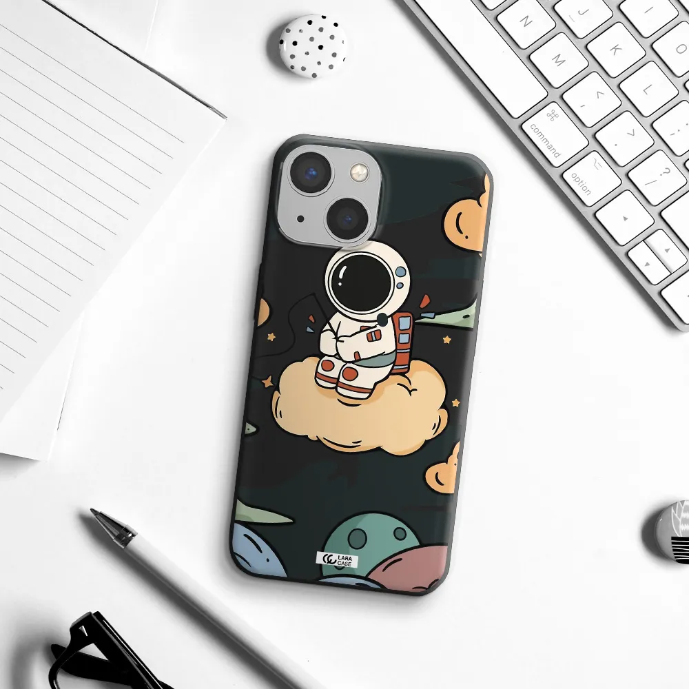 a cartoon astronaut sitting on a cloud Apple iPhone 13 mini Silicone black Case