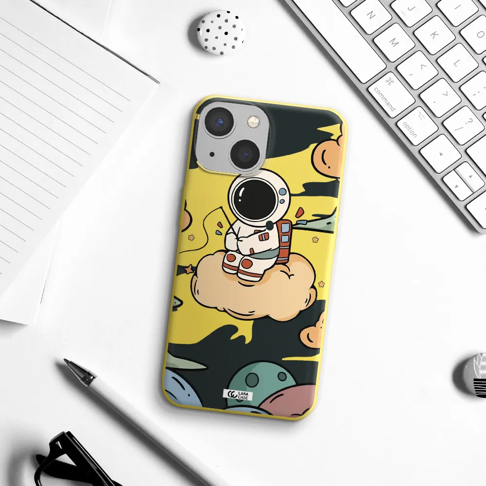 a cartoon astronaut sitting on a cloud Apple iPhone 13 mini Silicone canary yellow Case