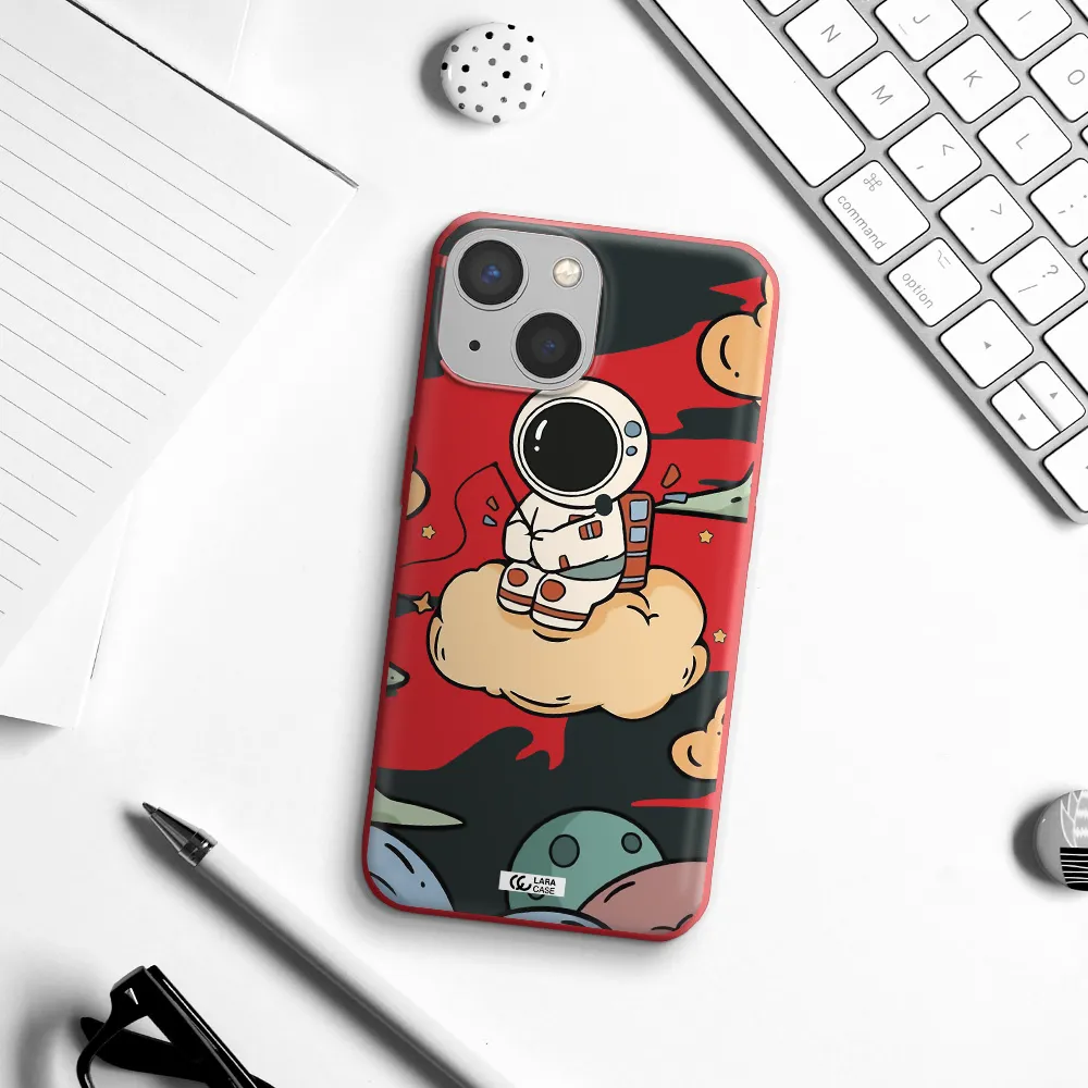 a cartoon astronaut sitting on a cloud Apple iPhone 13 mini Silicone Imperial Red Case