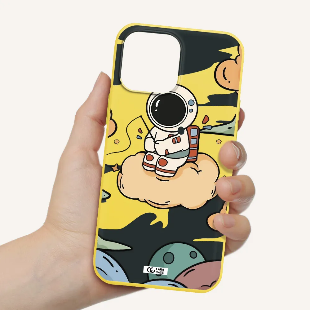 a cartoon astronaut sitting on a cloud Apple iPhone 13 Pro Max Silicone canary yellow Case