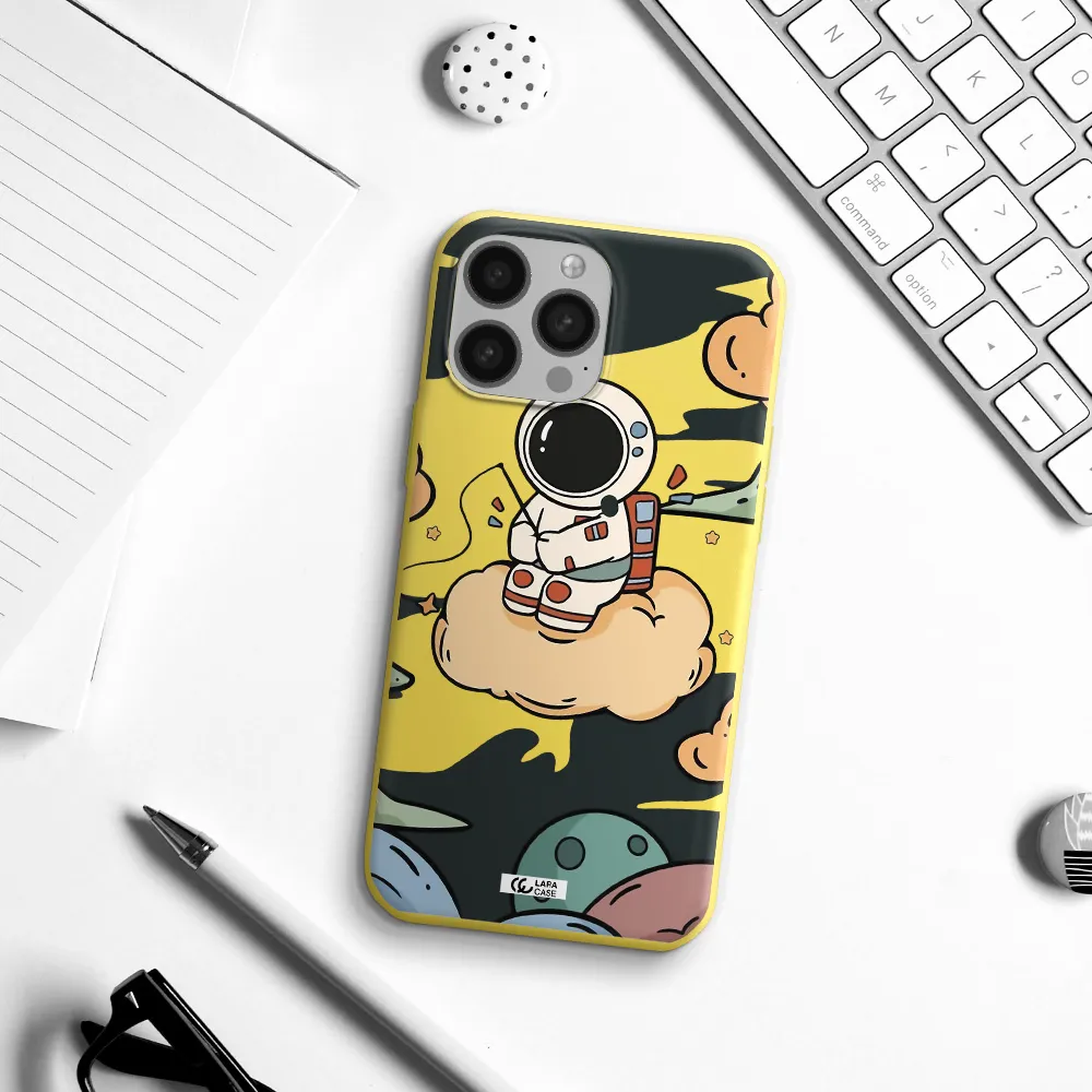 a cartoon astronaut sitting on a cloud Apple iPhone 13 Pro Max Silicone canary yellow Case