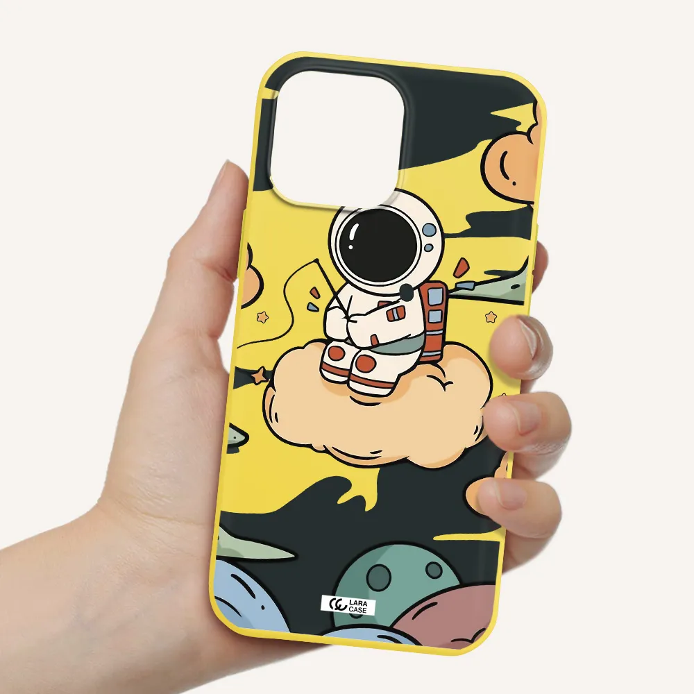 a cartoon astronaut sitting on a cloud Apple iPhone 13 Pro Silicone canary yellow Case