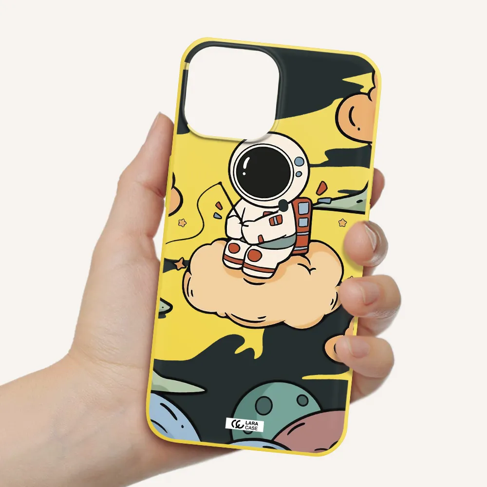a cartoon astronaut sitting on a cloud Apple iPhone 13 Silicone canary yellow Case
