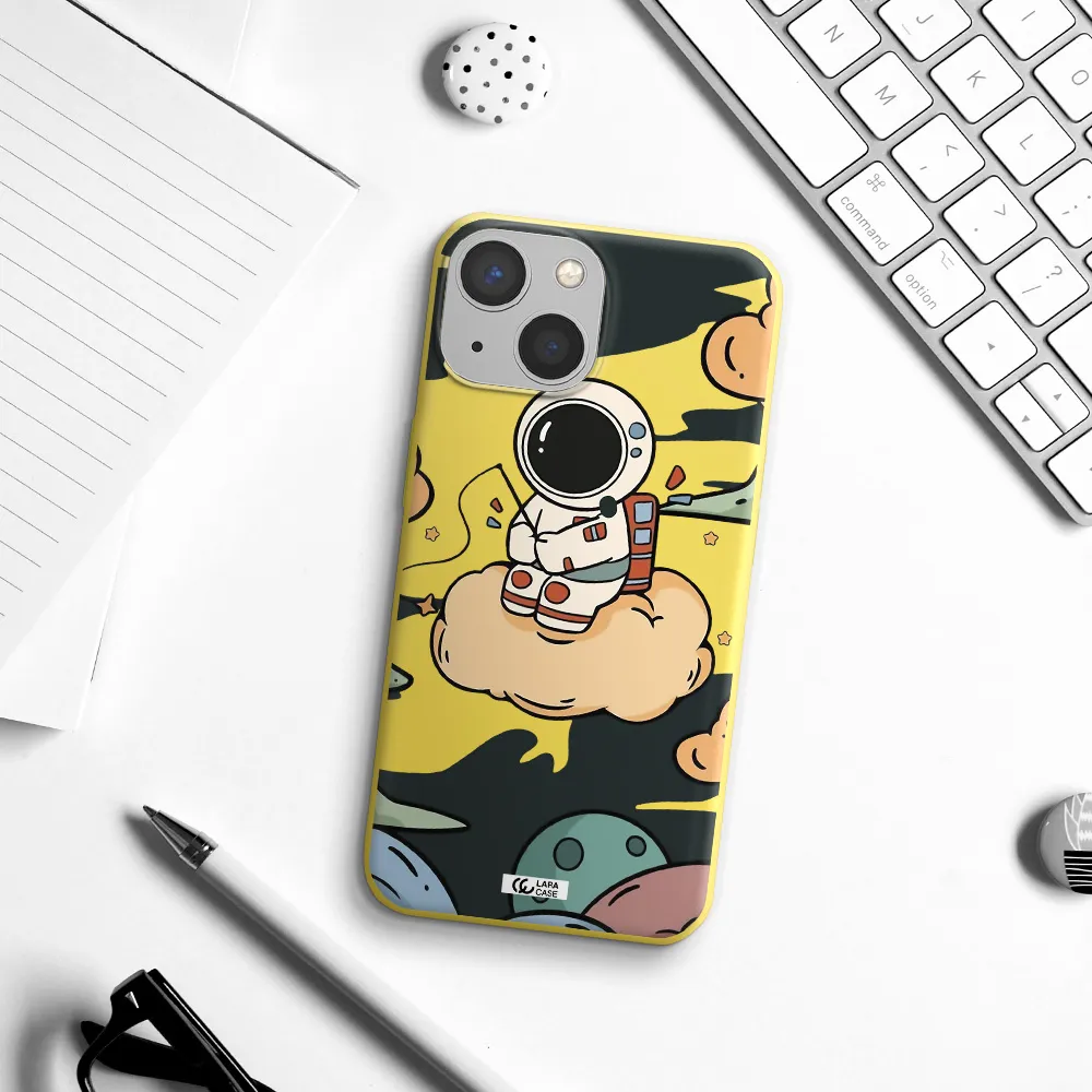 a cartoon astronaut sitting on a cloud Apple iPhone 13 Silicone canary yellow Case