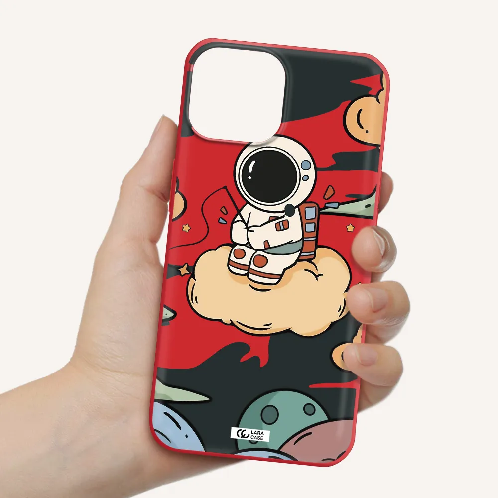 a cartoon astronaut sitting on a cloud Apple iPhone 13 Silicone Imperial Red Case