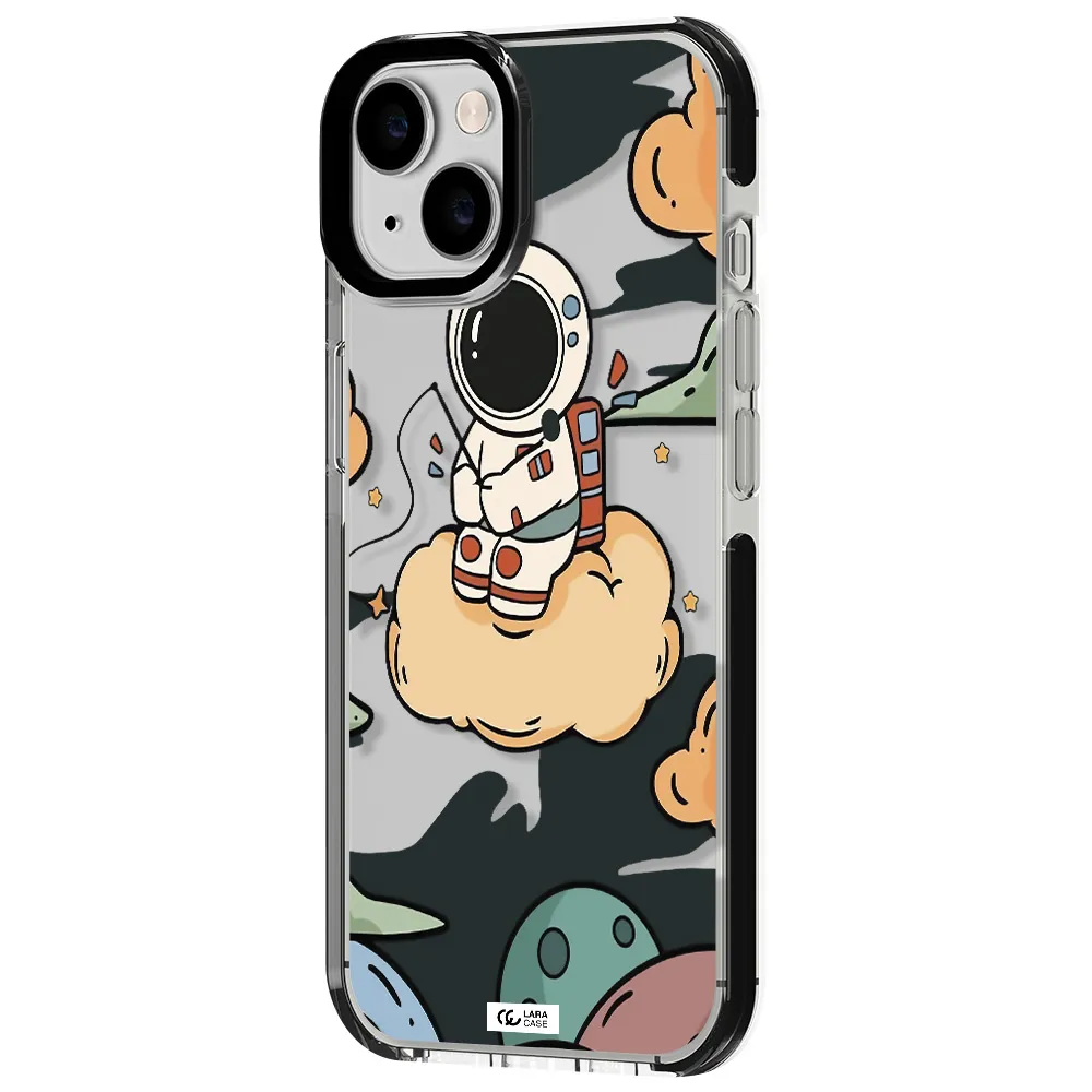 a cartoon astronaut sitting on a cloud Apple iPhone 14 impact black border Case