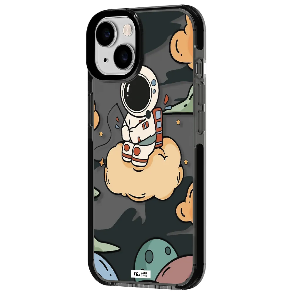 a cartoon astronaut sitting on a cloud Apple iPhone 14 impact Smoke Black Case