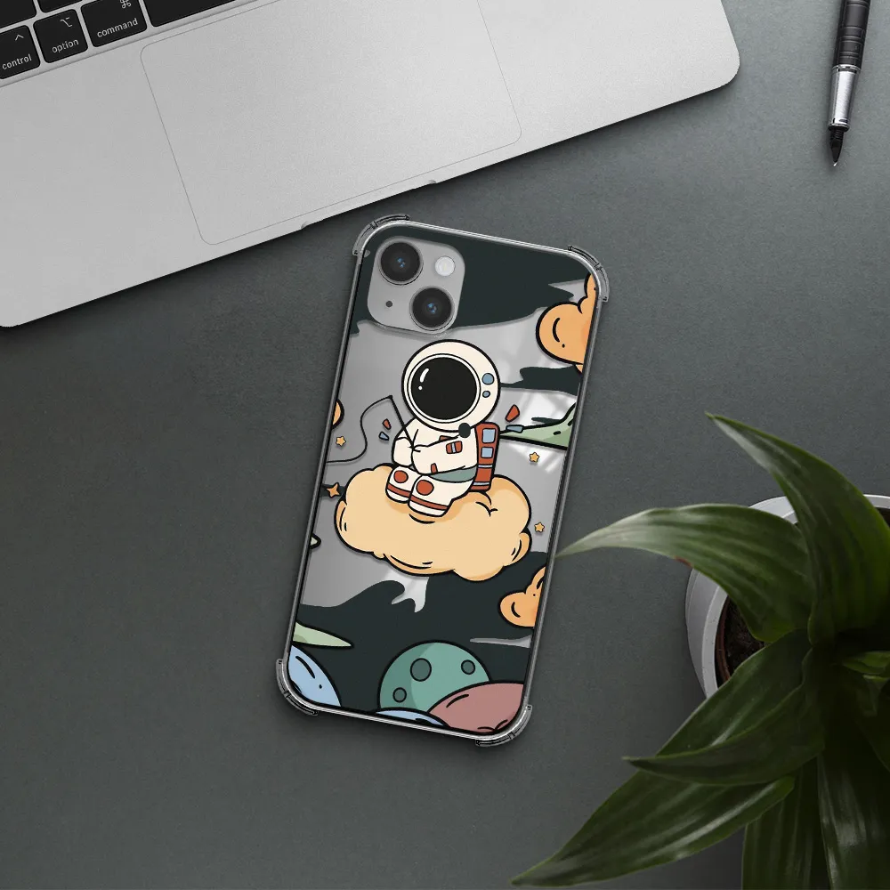 a cartoon astronaut sitting on a cloud Apple iPhone 14 plus Clear PC Case